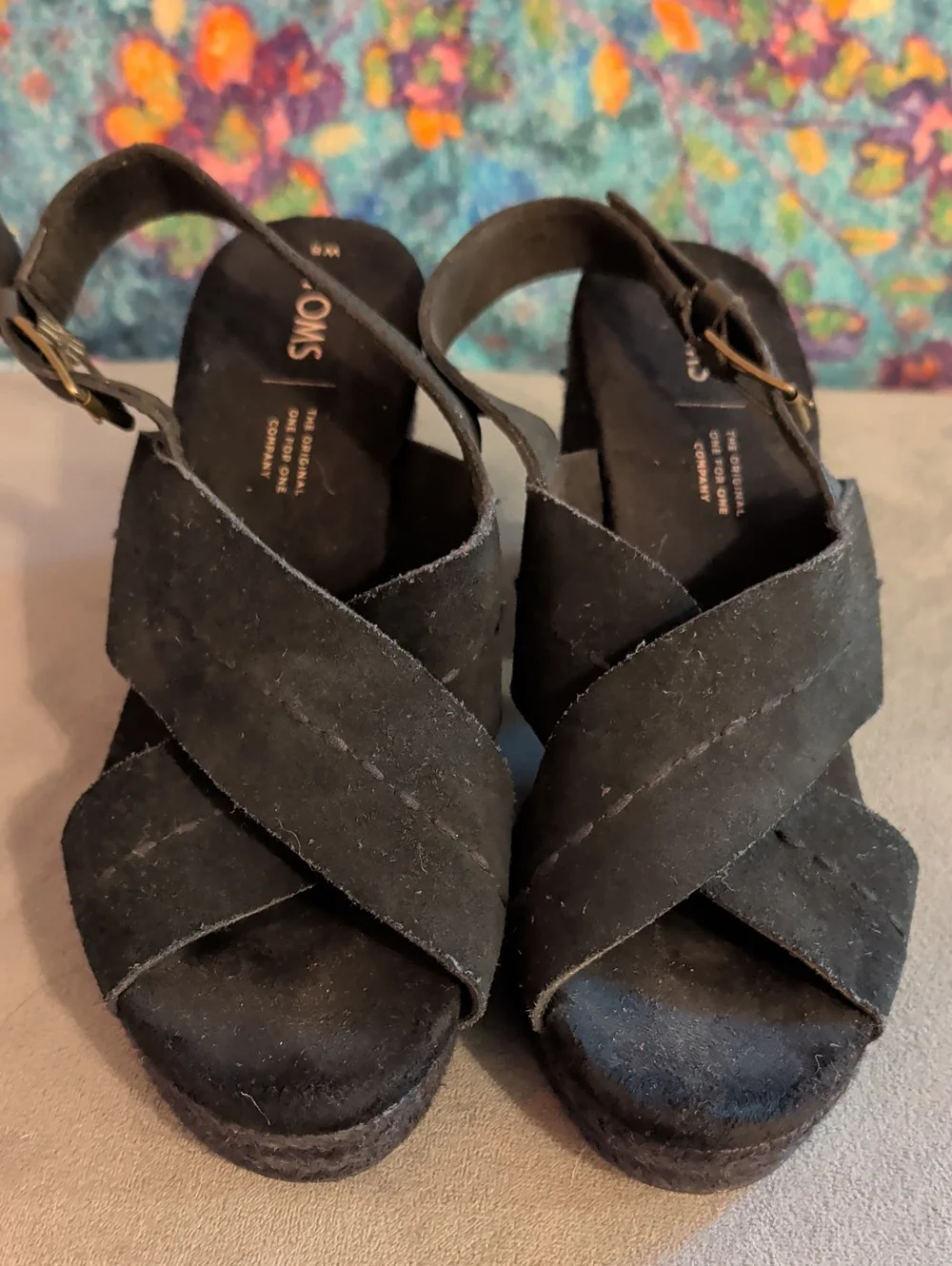 Toms Black Suede Crisscross Platform Wedge Sandals, Size 8